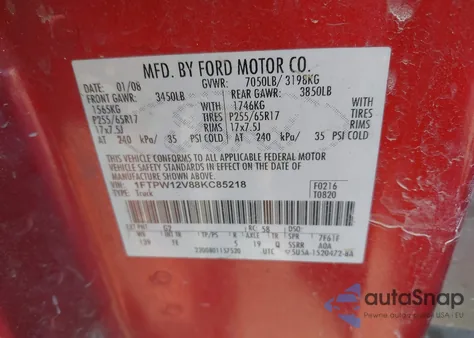 2008 Ford F-150 60Th Anniversary/Fx2/King Ranch/Lariat/Xlt z USA, uszkodzony, nr VIN 1FTPW12V88KC85218